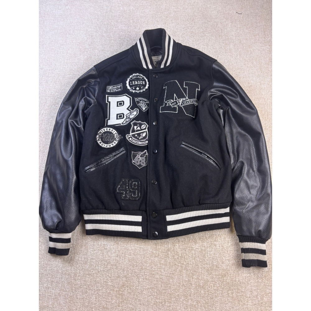 Smoke Rise Mens Black Varsity Jacket Faux Leather Sleeve Wool Blend Patch Medium